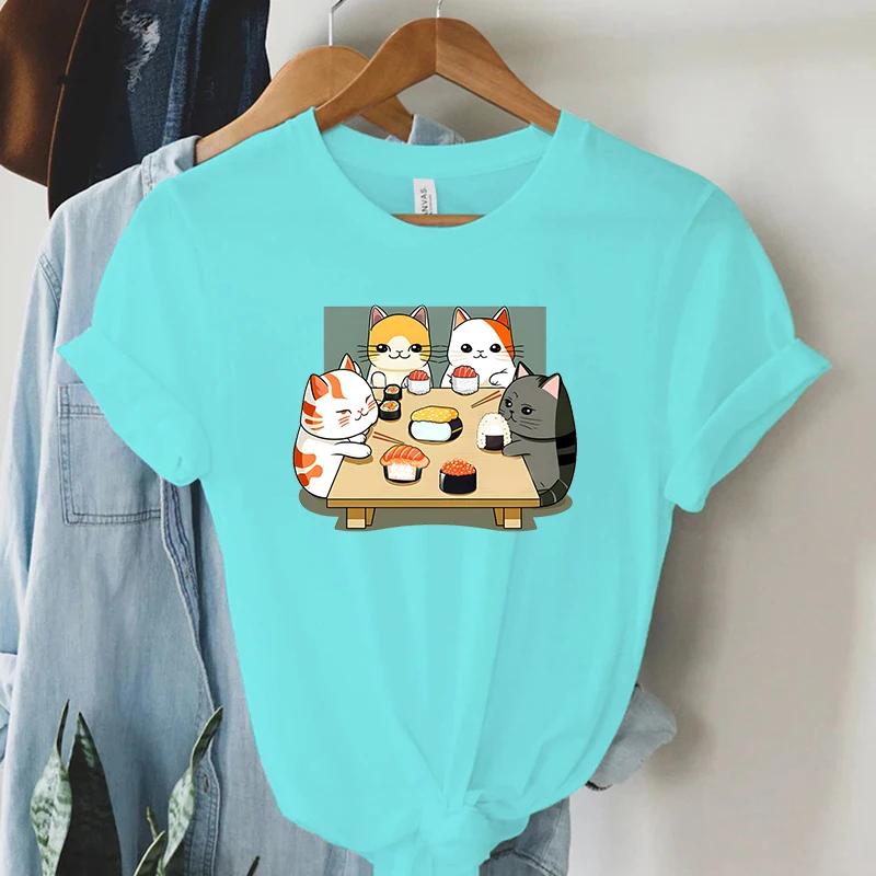 Cat Party Kawaii T Shirt Women Summer Tops Sushi Graphic T Shirts Casual Fashion Tee Shirt Trendy Korean Streetwear Y2k Tees