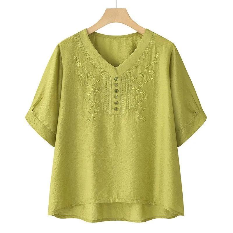 Womens Green Floral Embroidered Blouse Casual V Neck Half Button Short Sleeve Top M жёлтый