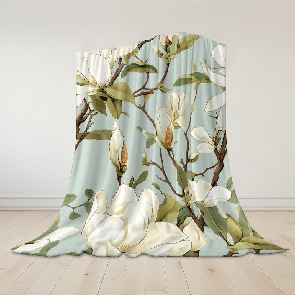 Magnolia On Light Blue Flannel Blanket Warm Soft Halloween Christmas Couch Warm Cozy Decorative Decor Gift for All Season