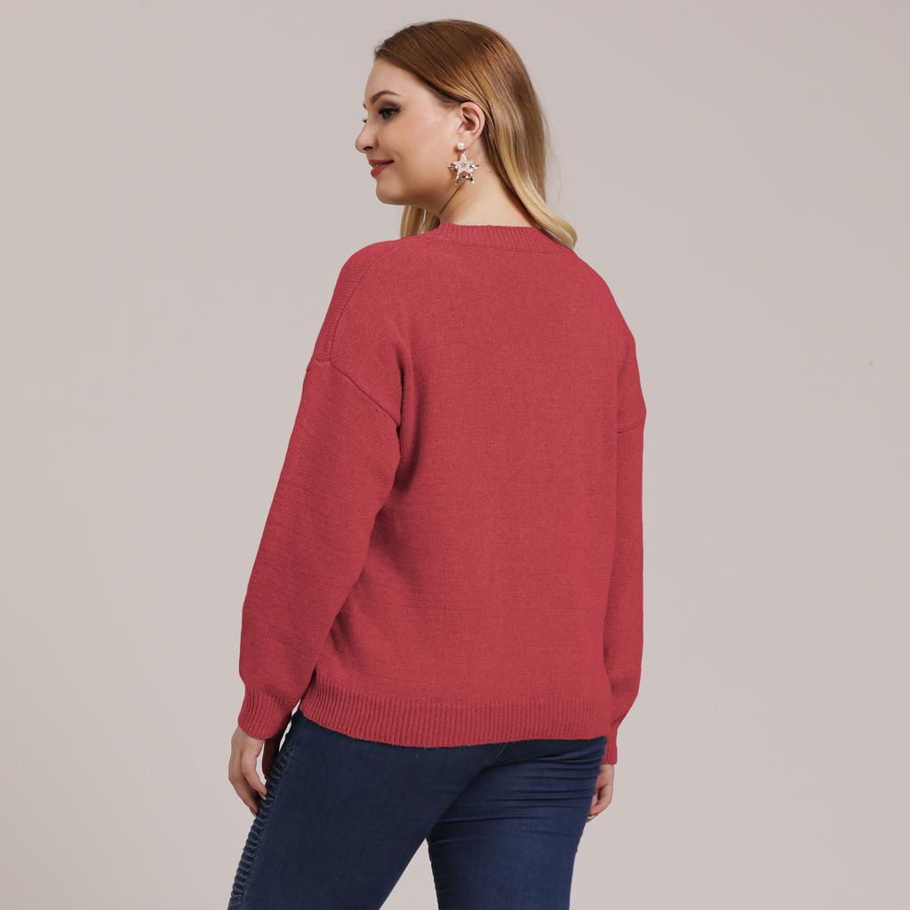 Autumn and Winter Plus Size Women's Solid Colour Simple Woven V-neck Pullover Jumper