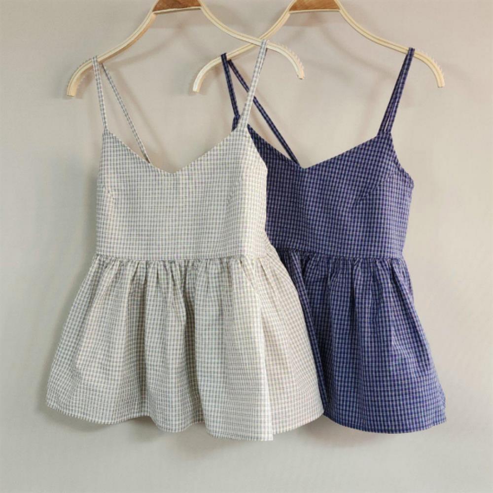 New Arrivals Open Run Women Heart Neck Check Pattern Exposed Back Strap Top Bust