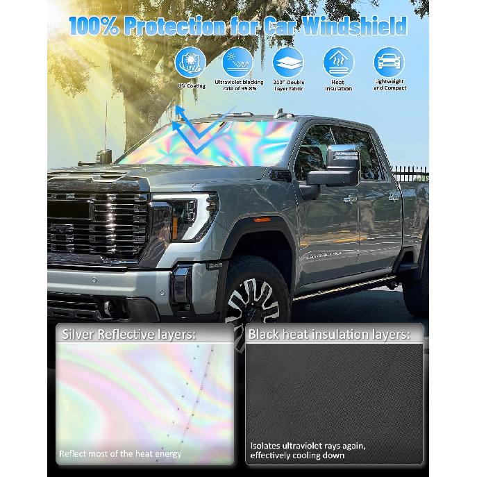 Holographic Reflective Car Windshield Sun Shade Compatible With GMC Sierra 1500 2500 HD 3500 HD 2014-2018, Foldable Reflective Window Sunshade For UV