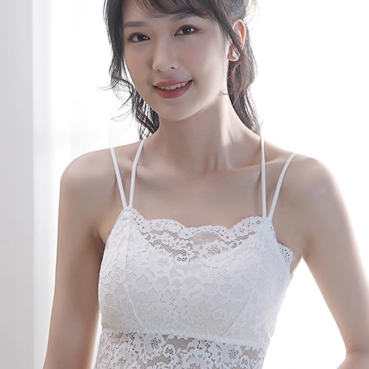 88flix Lace Camisole Bustier Bra Top with Inner Cleavage Cups, Pads, Wireless, (White)
