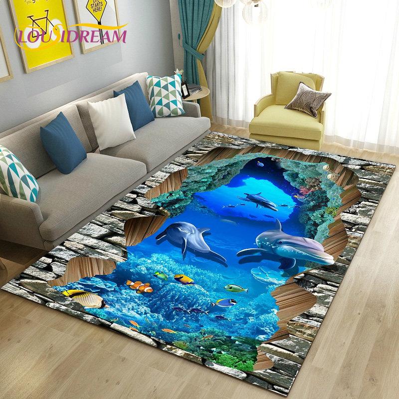 3D-Illusion Unterwasserwelt Meeresboden Delfin Hai Teppich, Teppich für Wohnzimmer Schlafzimmer Sofa Fußmatte Rutschfeste Bodenmatte