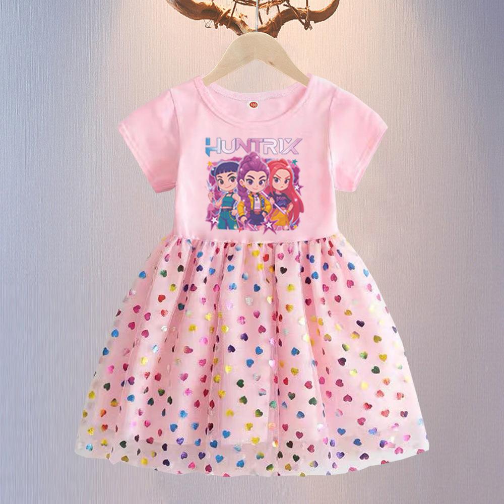 Cute Huntrix Girls Short Sleeve Dress Cartoon Band Print Colorful Heart Tulle Skirt Kids Casual Princess Tutu Dress for Daily Holiday Birthday Party