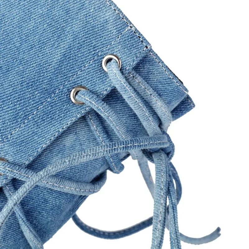 Fashion New Blue Denim Cross Strap Mid-calf Boots Autumn Winter Fashion Black 8cm High Heel Plush Warm Women's Long Boots Size 34-48