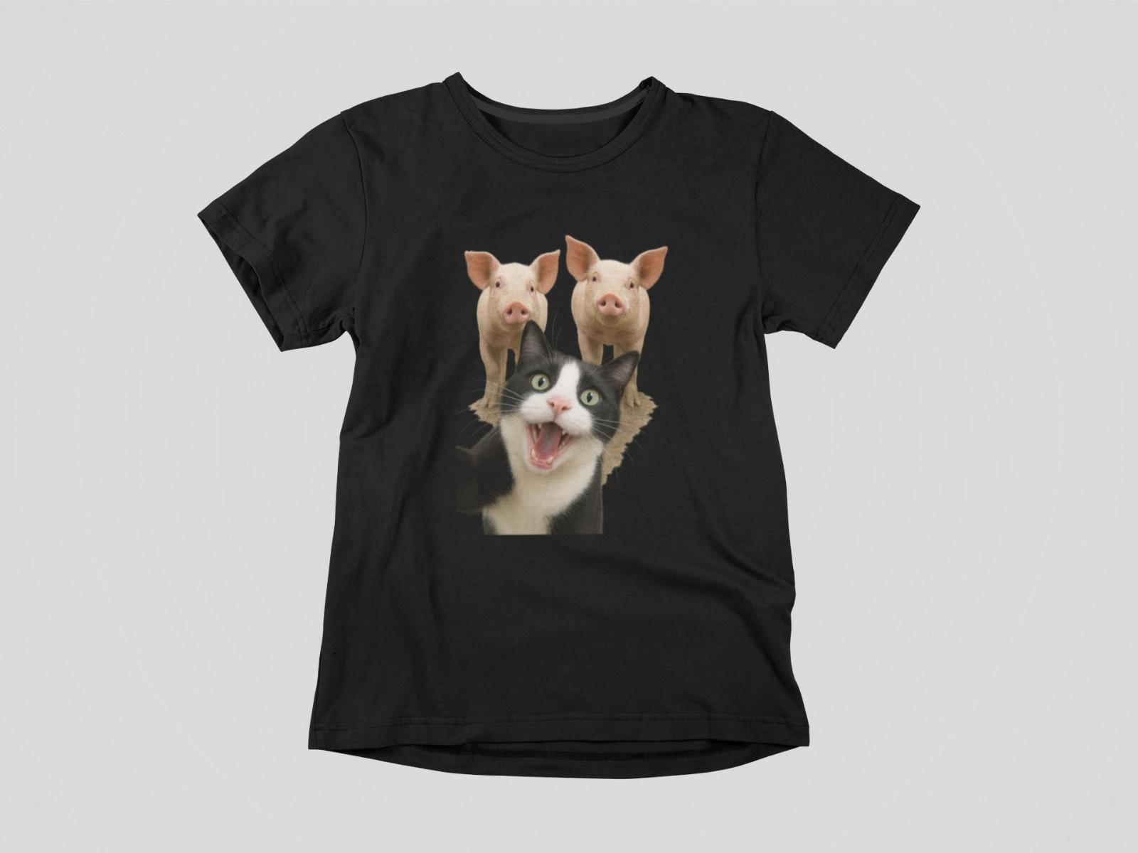 Funny Cat Selfie With Pigs Shirt – Hilarious Farm Animal Graphic Tee Cute M