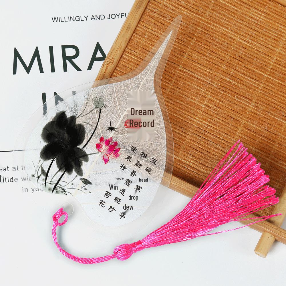 Chinese Bodhi Leaf Bookmark: Floral Ink Wash Style with Peach Blossom, Peony, and Lotus