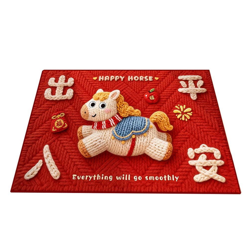 Cute Horse Pattern New Year Door Mat Red Bath Mat Water Absorption Soft Foot Mat Home Decorations