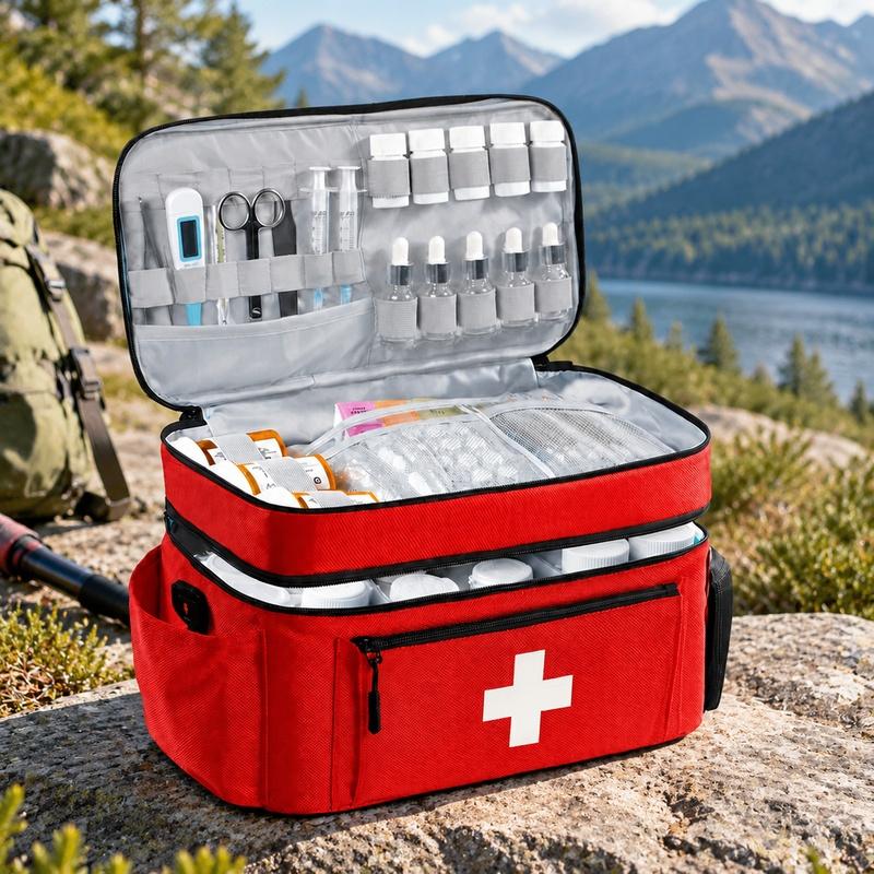 Travel-friendly dual-compartment first aid bag with large capacity, front organizer, and multiple carry styles
