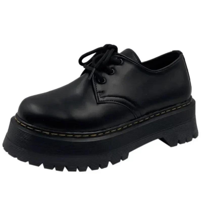 Fashion Thick Soled Retro Black Leather Shoes for Women in Spring 2025, New Lace Up Round Toe British Style Solid Color Leather Shoes
