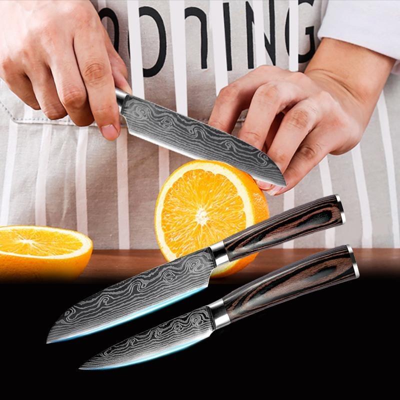 5Pcs Damascus Chef Knife Wood Handle Damascus Kitchen Knife Santoku Slicing Chef Paring Utility