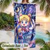 Sailor Moon Beach Towel, Personalized Custom Name Text, Quick Dry Large Absorbent Towel For Beach Pool