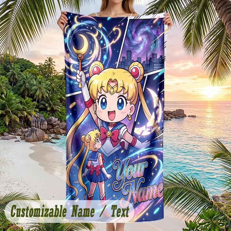 Sailor Moon Beach Towel, Personalized Custom Name Text, Quick Dry Large Absorbent Towel For Beach Pool