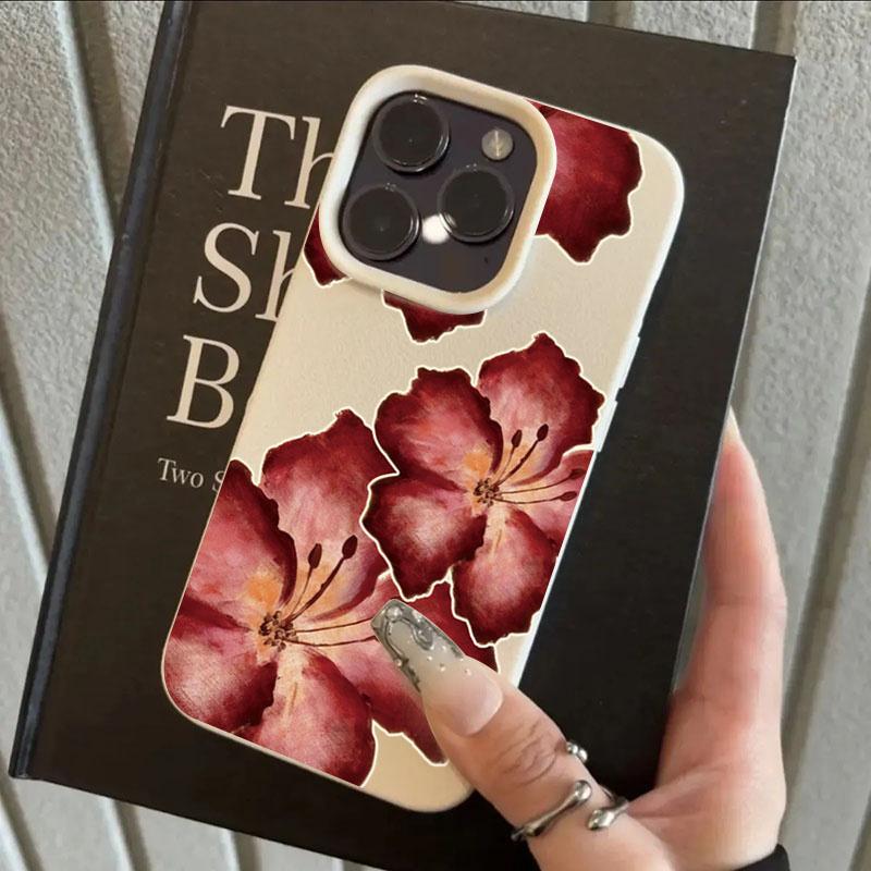 Lichee Pattern Elegant Red Hibiscus Flower Phone Case For IPhone 17 15 14 13 12 11 16 Pro Max  Air 15 Plus 16E Cover Soft Fundas