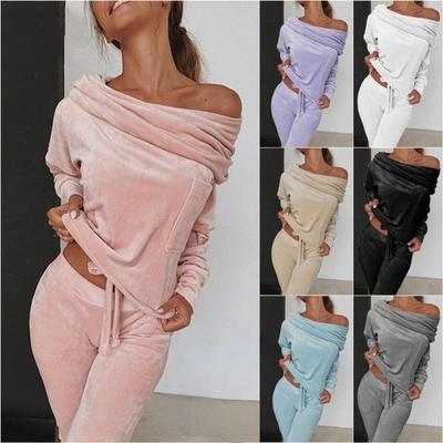Women's 2023 New Autum Winter Fashion Casual 2-piece Coral Velvet Off-shoulder Top + Trousers Suit Running Suit Breathable Sportswear Yoga Suit