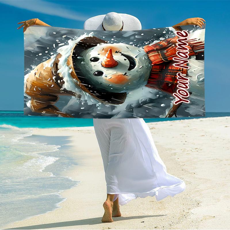 1PC Custom Name Snowman Winter Magic Beach Towel Highly Absorbent And Sand-Resistant Towel for Swimming, Pool, Yoga, And Travel Lightweight