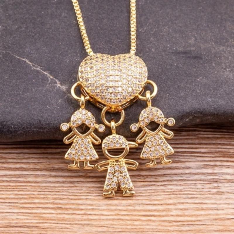 Moda Figlio Figlia Cuore Colore Oro Zirconia Cubica Famiglia Ragazza Ragazzo Ciondolo Collana Catena in Rame Gioielli Per Regalo Madre