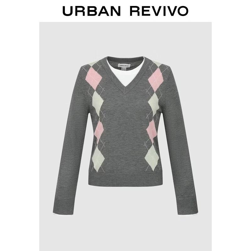 UR 2026 Spring Women s Faux Two-Piece Argyle Knit Sweater M