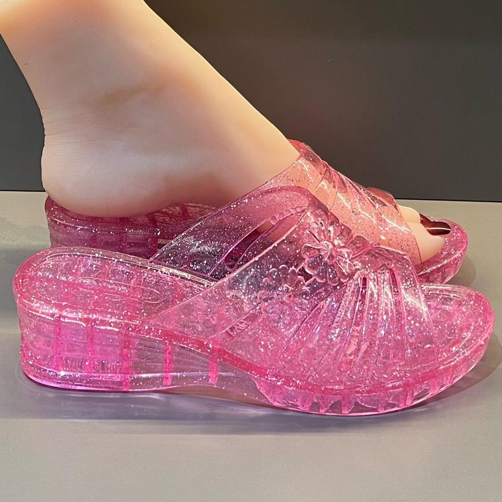 Transparent Jelly Slippers Women's Summer Wedged Heel Mules Shoes Woman Sparkling Glitter Sandal Open Toe Outdoor Clear Slipper