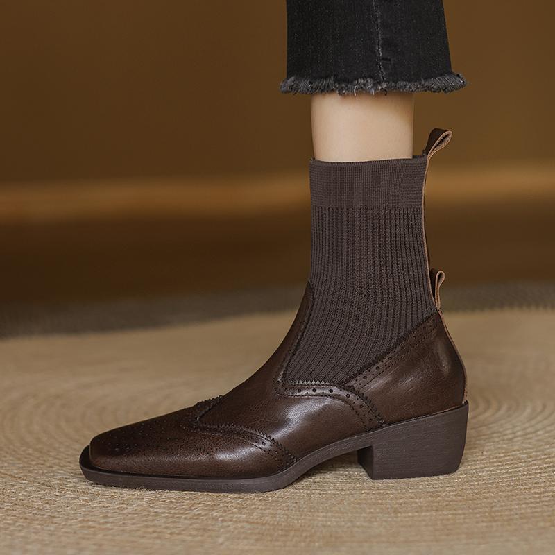 Fashion 2024 Winter Genuine Leather Women Boots Autumn Women Shoes Brogues Vintage Block Stretch Chelsea Boots Retro Ankl Boots