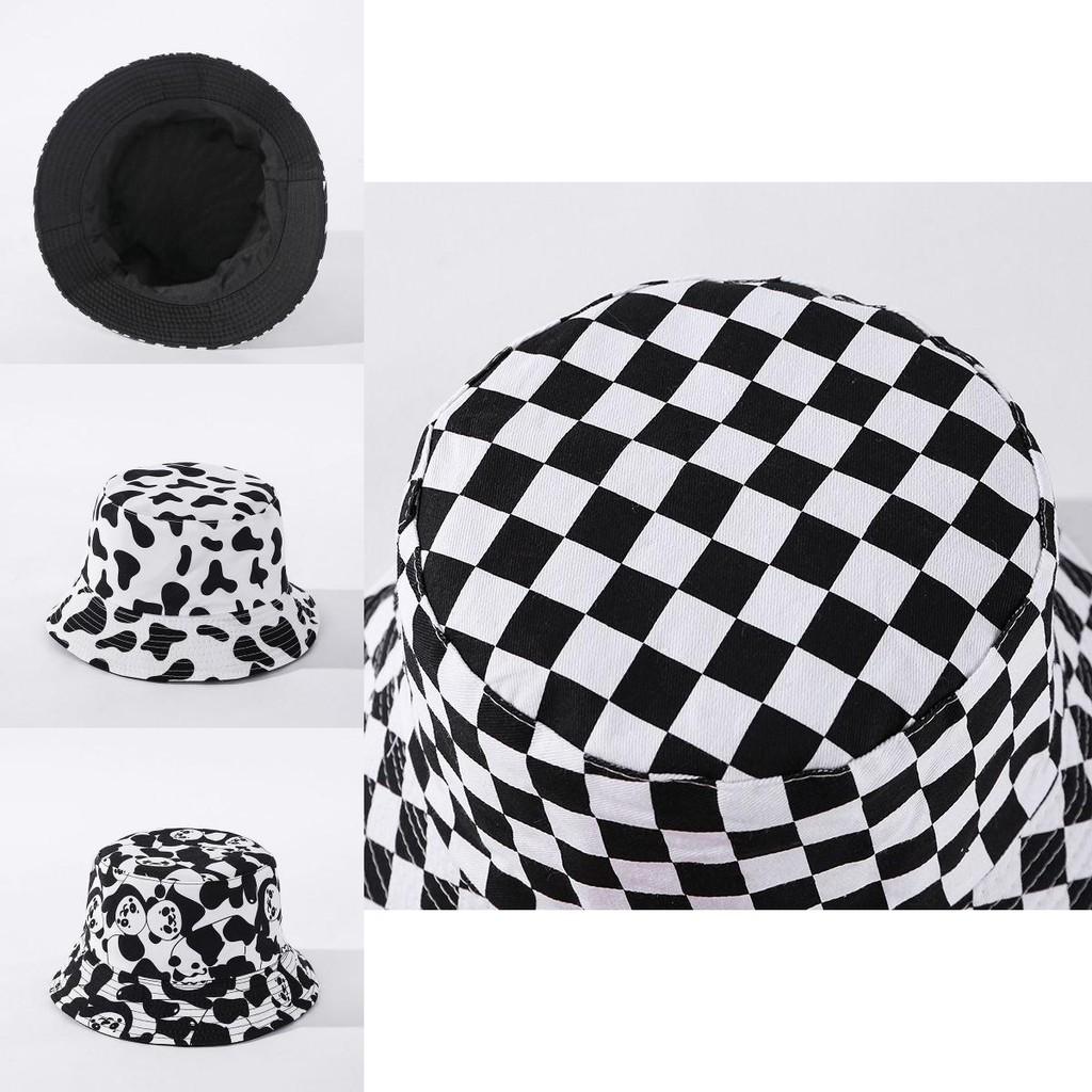 Stylish Black White Print Folding Fisherman Bucket Hat With Smiley Face Patch For Unisex Use