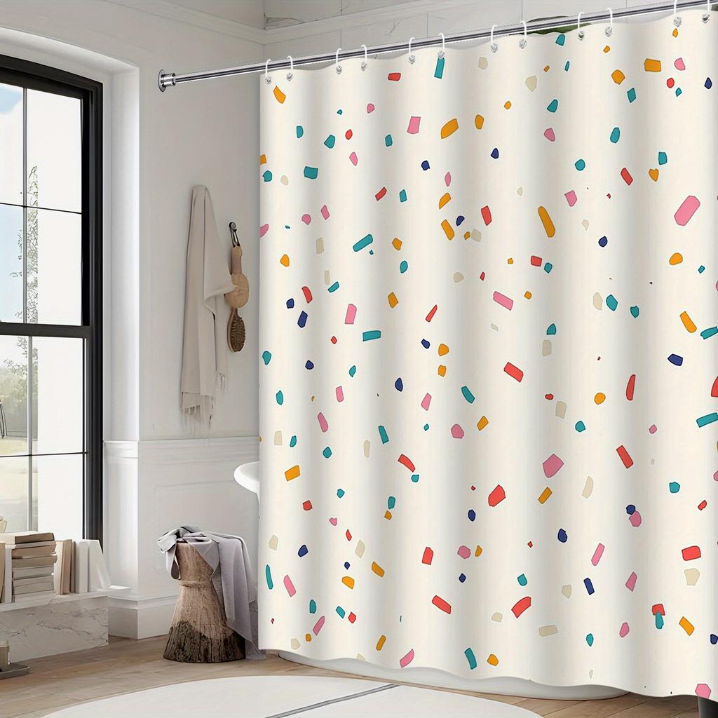 Colorful Confetti Shower Curtain - Playful Minimalist Design, Pink, Orange, Blue, Yellow, Brown & White, Polyester