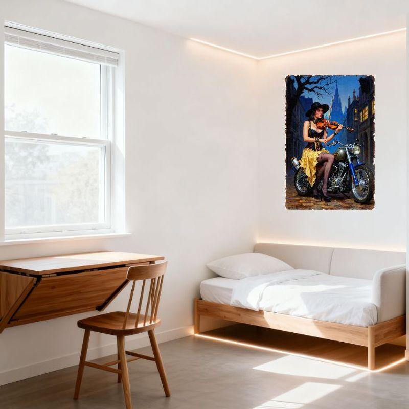 Vintage Woman Playing Violin on Blue Silver Motorcycle with Sidecar Tin Sign - Old City Street Twilight Sky Cathedral Home Wall