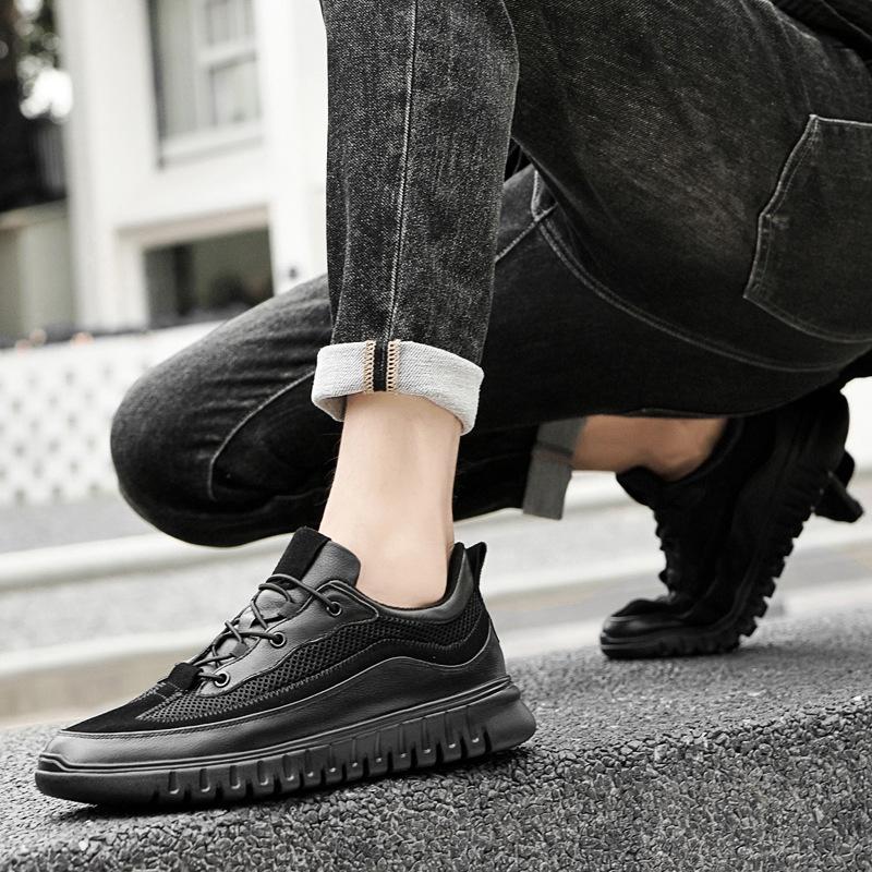 Men's Genuine Leather Mesh Casual Shoes with Thick Sole - New Collection