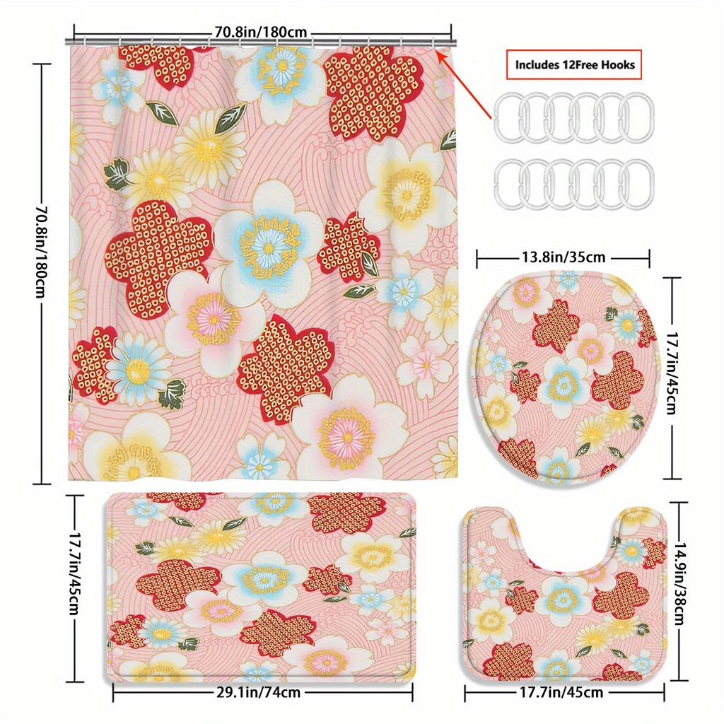 Japanese pattern 4pcs shower curtain set with 12 hooks --shower curtain, bath mat, toilet seat cover and U-shaped rug