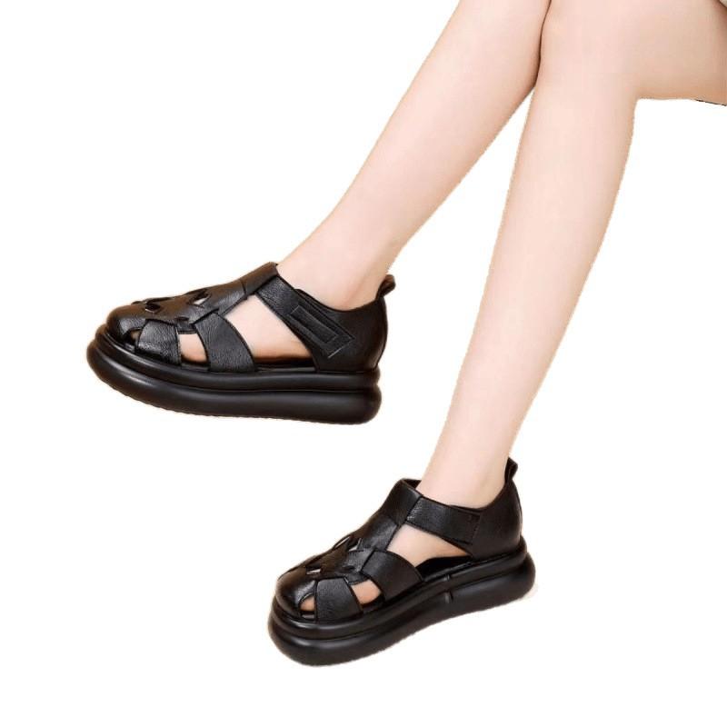 Real soft leather bag head Roman sandals women's 2025 summer new muffin bottom pig cage shoes thick sole light niche women cool