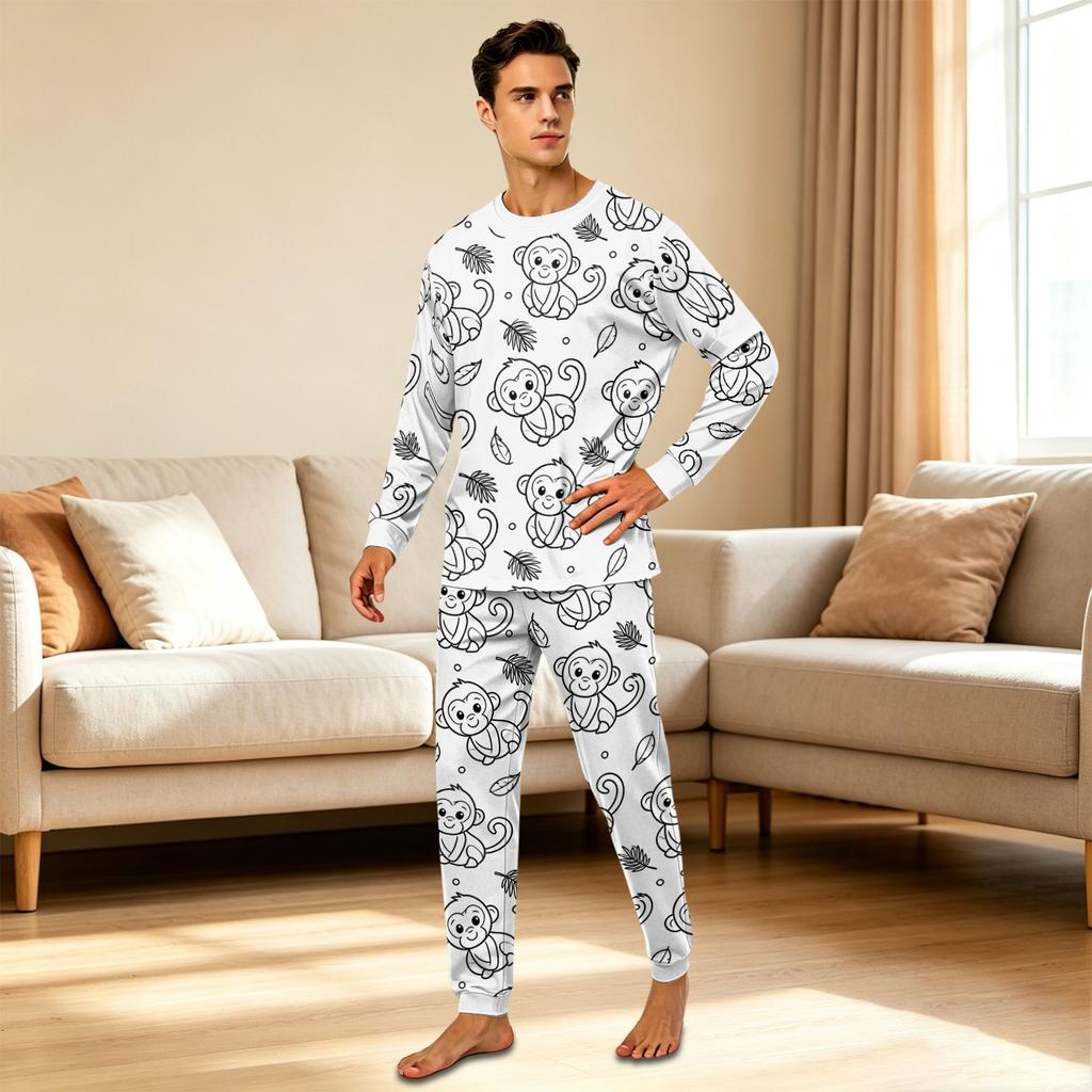 Family Matching Loungewear Set with Doodle Print, Long Sleeve Neck Top and Pants for Spring and Fall