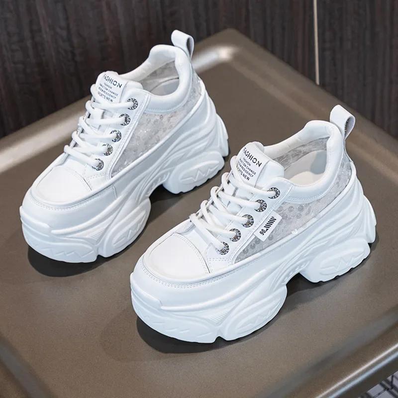 Fashion 8cm Air Mesh Genuine Leather Comfy Hollow Women Chunky Sneaker Ankle Boots Summer Platform Wedge Flats Breathable Shoes