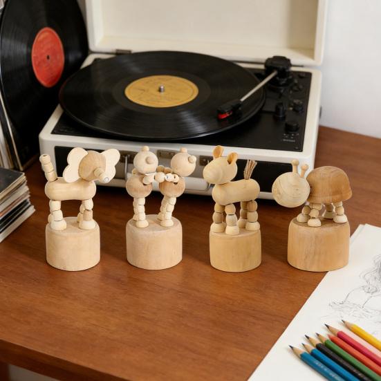 Wooden Finger Puppet Toy Cartoon Mini Desktop Movable Elephant Tiger Dog Puppet Figurine for DIY Crafts Home Party Decoration