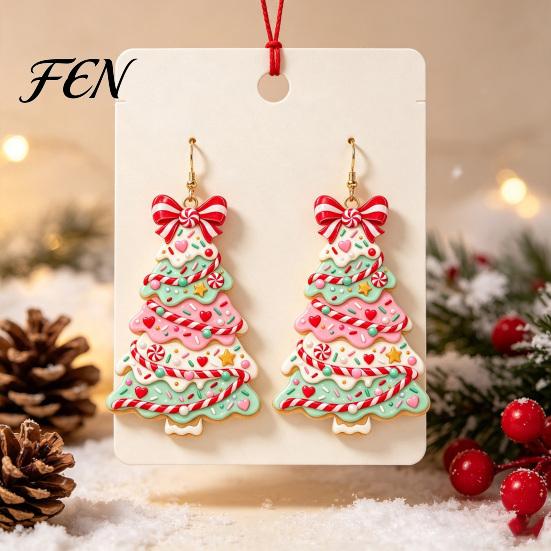 Holiday Party Jewelry Christmas 2D Acrylic Earrings, Colorful Tree Dangle Earrings with Bow Decorative Decor, Lightweight Drop Jewelry, Decorations