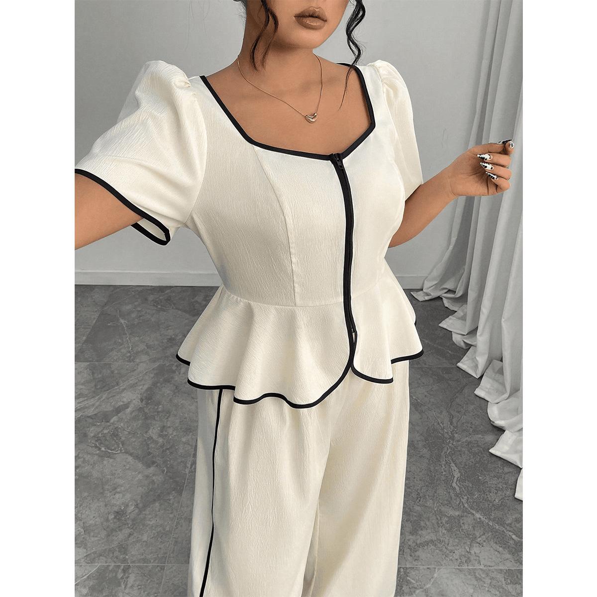 

Big-size V-neck Color-blocked Edge Two-piece Set with A Fitted Leaf-shaped Top and Wide-leg Pants - An Elegant Business Outfit Set. 4XL білий