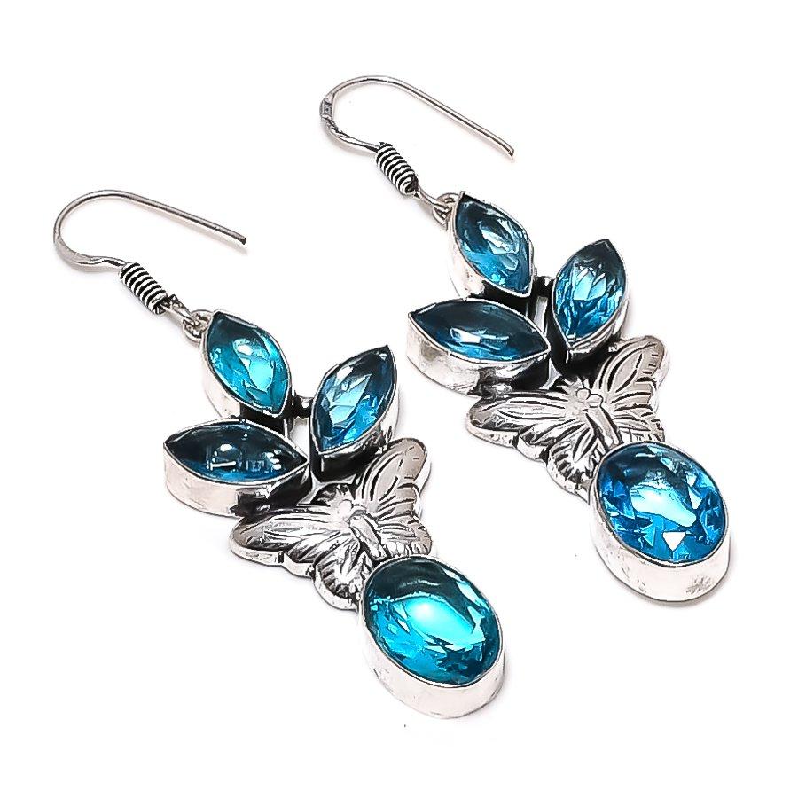Swiss Blue Topaz Gemstone 925 Sterling Silver Jewelry Earring 2.52"