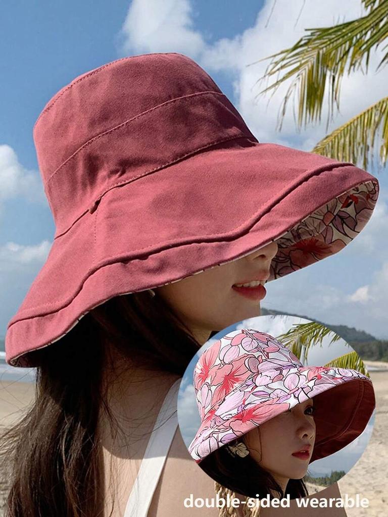 Double-Sided Floral Print Womens Wide Brim Sun Hat For Beach Vacation UV Protection