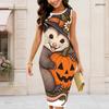 Women Plus Size Round Neck Sleeveless Halloween Sloth Printed Bodycon Midi Dress