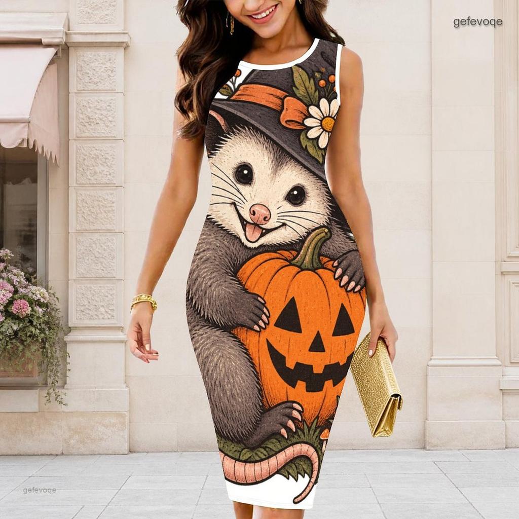 Women Plus Size Round Neck Sleeveless Halloween Sloth Printed Bodycon Midi Dress