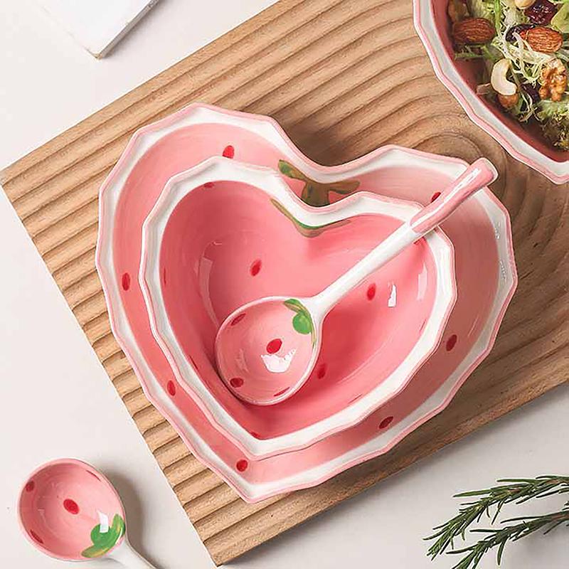 Strawberry Bowl Spoon Plate Set Beautiful Girl Heart Bowl Salad Bowl Dessert Household Tableware