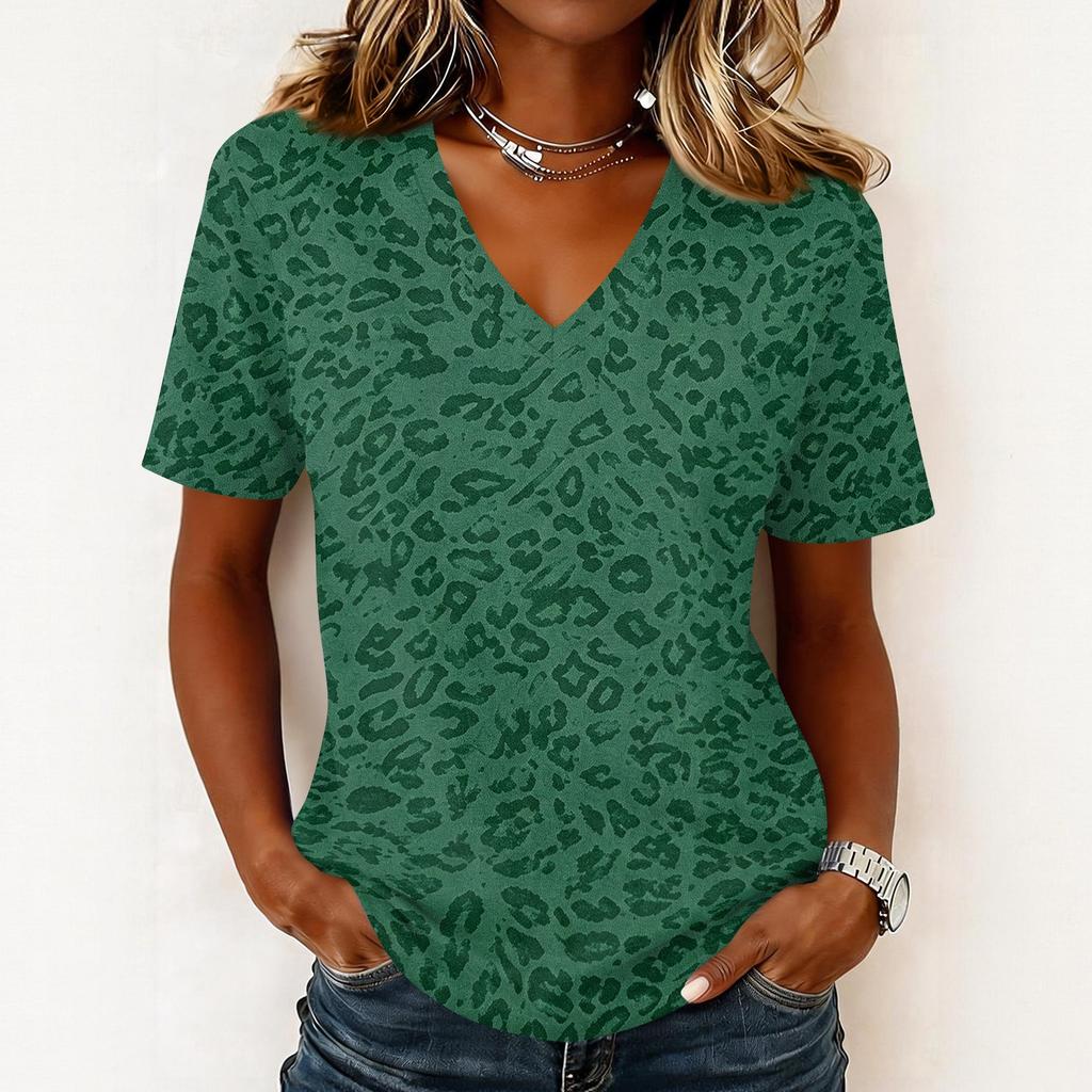 Women's Casual Print Short Sleeve V-Neck Pullover Top