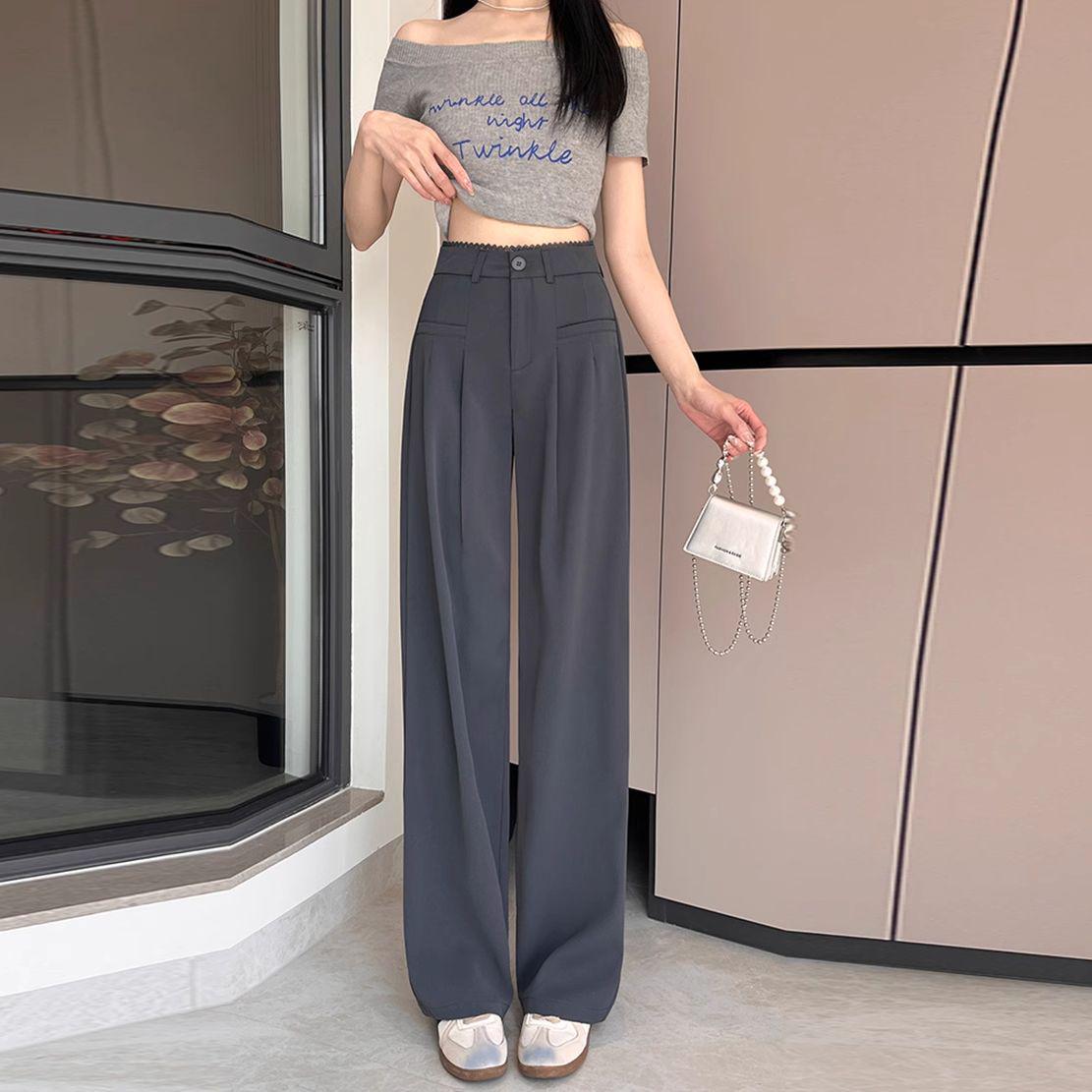 Women s Black Lace Trim Wide-Leg High-Waisted Drapey Suit Pants - Spring/Summer 2026 Collection L 106-117 lbs
