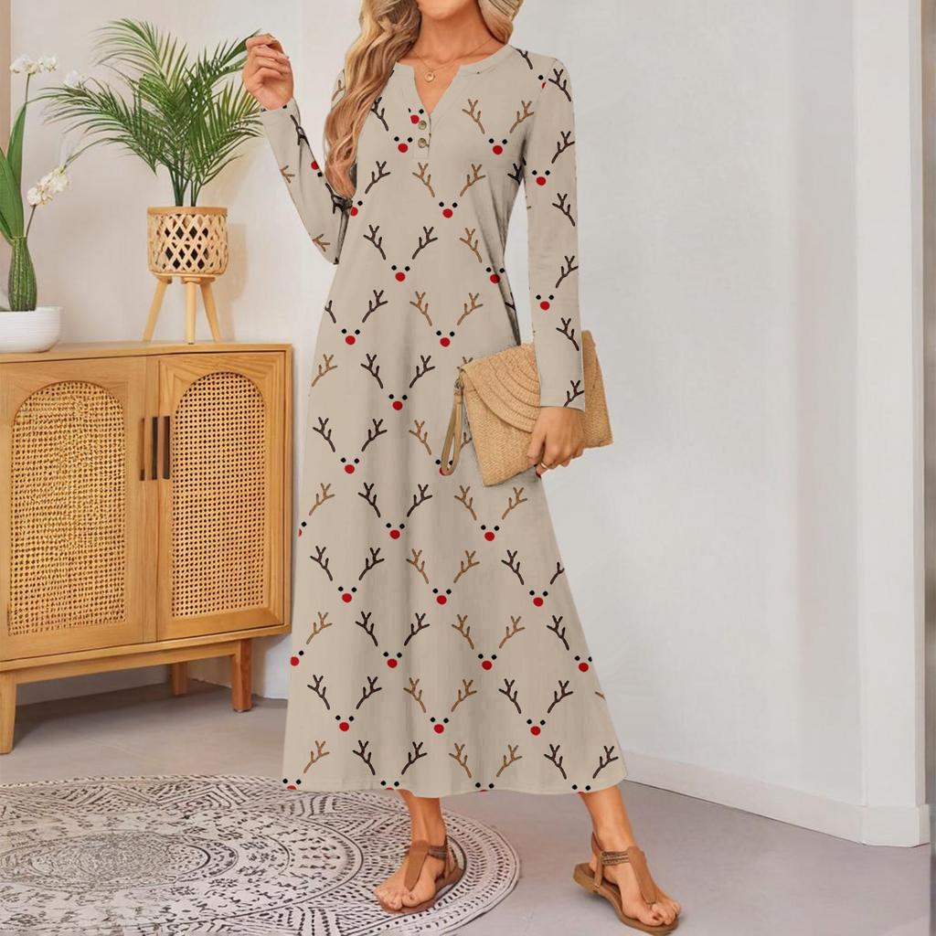 women's cute printed long-sleeved comfortable loose dress, elegant dress