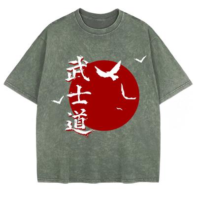 Japan Bushido Harajuku Printed Washed T-Shirts Mens Cotton Short Sleeve Tops Street O-Neck Oversize T Shirts Clothes
