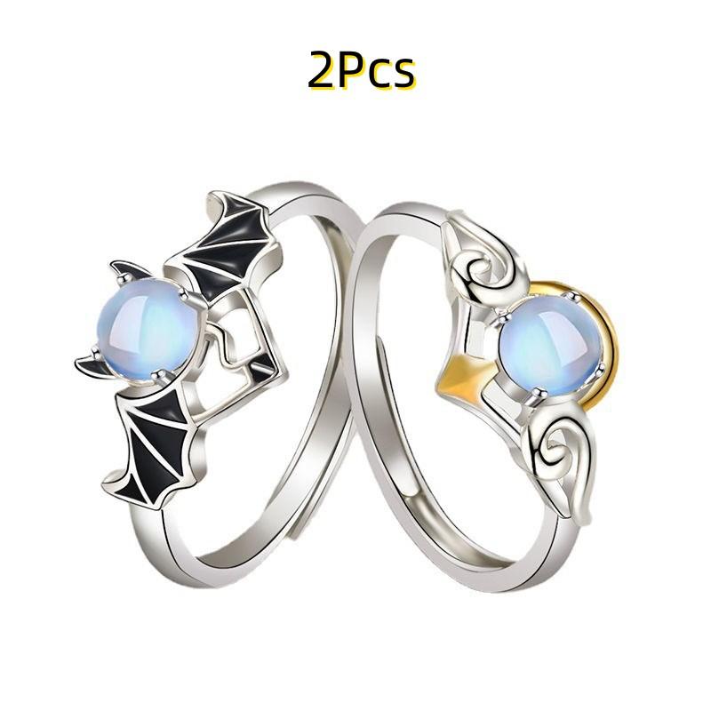 Romantic Angel and Demon Wings Couple Rings For Women Goth Fashion Moonstone Adjustable Opening Finger Men's Ring Party Jewelry