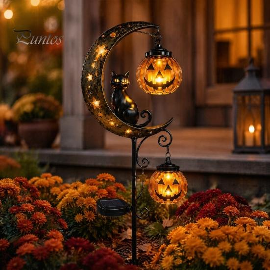Waterproof Solar Stakes for Flower Beds Halloween Garden Stake Light, Black Cat Pumpkin on Crescent Moon with Weather Resistant Fall Ornaments Hanging