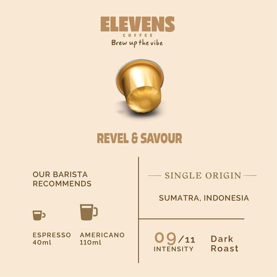 ELEVENS COFFEE | Revel & Savour | Single Origin Coffee Capsules | 100% Arabica | 11 Aluminium Coffee Pods (10 + 1) | Dark Roast | Intensity 9