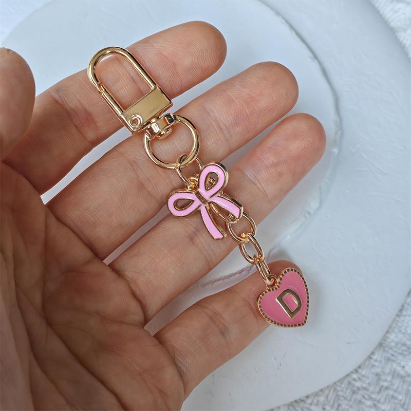 Creative Letters Metal Pink Bow Keychain Fashion A-Z 26 Letters Keyring Charms Mobile Phone Key Holders Bag Accessories Gift