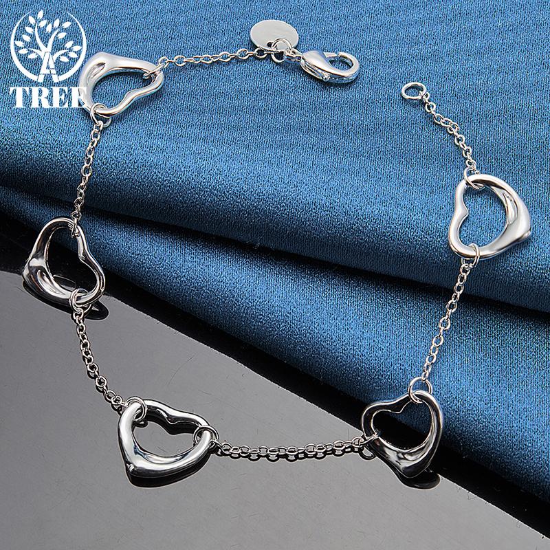 925 Sterling Silver Five Heart Chain Bracelet Jewelry